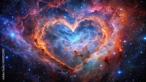 Cosmic Heartbeat A celestial nebula shaped like a heart, pulsing with vibrant colors and celestial dust.