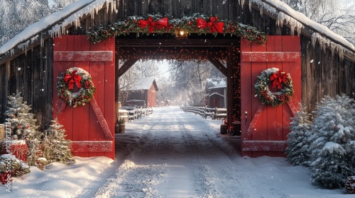 Winter Wonderland Barn with Red Doors