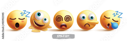 Emojis emoticon sleepy character vector set. Emoticon yellow icon character collection like pinoccho, unsteady, dizzy, sad and melting facial expression graphic elements. Vector illustration emoticon 