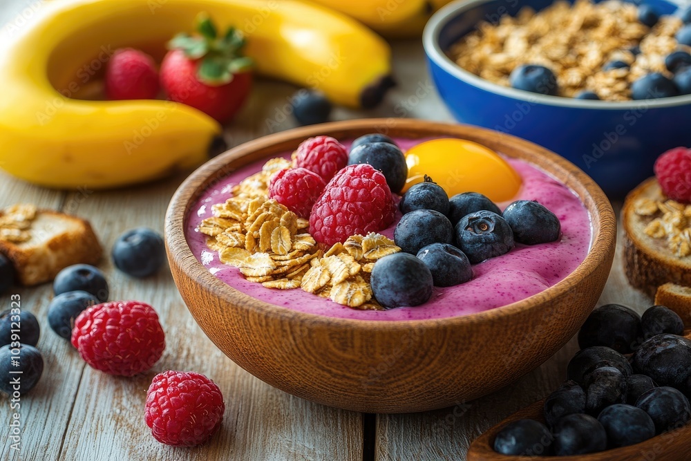 A wooden bowl filled with a pink smoothie, topped with granola, blueberries, and raspberries. This image is perfect for showcasing a healthy and delicious breakfast or snack. A wooden bowl filled with a pink smoothie, topped with granola, blueberries, and raspberries. This image is perfect for showcasing a healthy and delicious breakfast or snack.