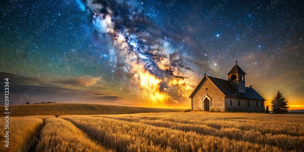Fototapeta premium A solitary church stands on a field of golden wheat, a breathtaking spectacle of the night sky above, with a captivating display of stars and the majestic Milky Way