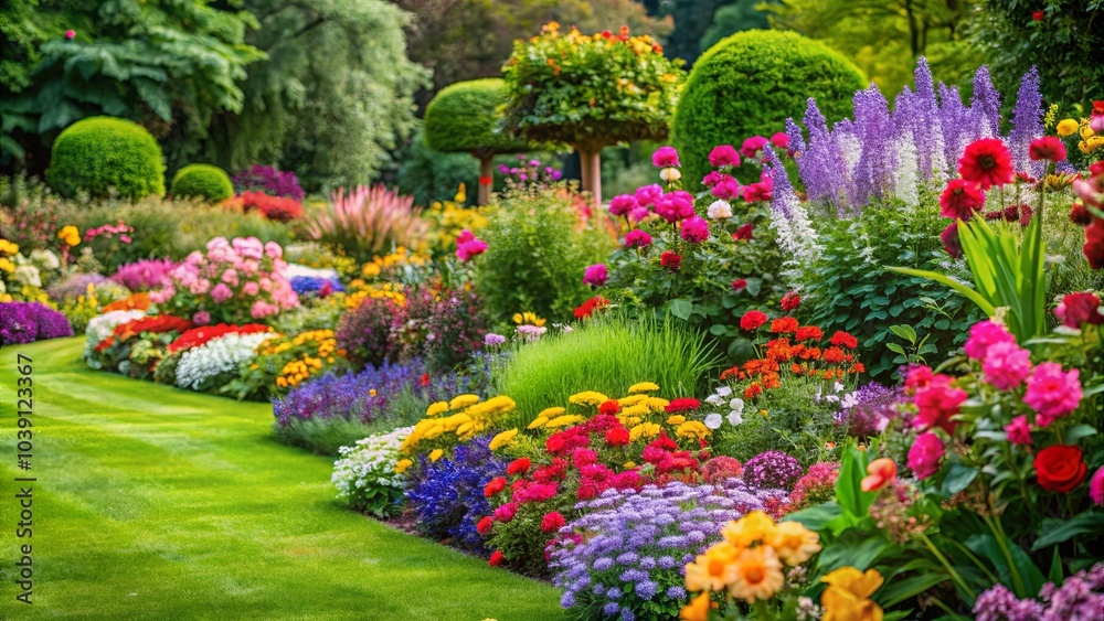 A vibrant tapestry of blooming flowers adorns a meticulously manicured garden, showcasing nature's exquisite artistry and the gardener's skillful hand. A vibrant tapestry of blooming flowers adorns a meticulously manicured garden, showcasing nature's exquisite artistry and the gardener's skillful hand.