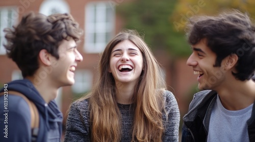 College friends enjoying a casual moment on campus, laughing together