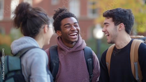 College friends enjoying a casual moment on campus, laughing together