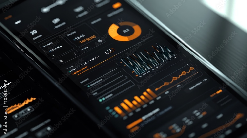 Close-up of a tablet screen displaying a dashboard with charts and graphs. Close-up of a tablet screen displaying a dashboard with charts and graphs.