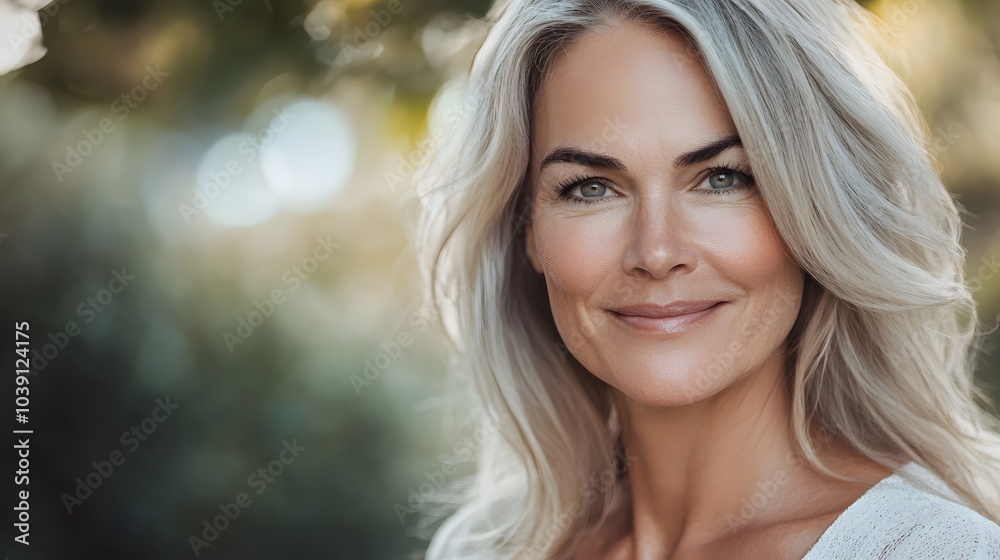 Obraz premium Active beautiful middle-aged woman smiling friendly and looking in camera. Woman's face closeup. Realistic images without retouching with their own imperfections. Selective focus. 