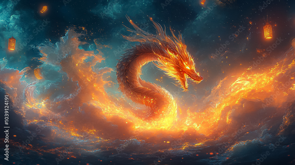 A dragon is depicted in a fiery orange color, with its mouth open