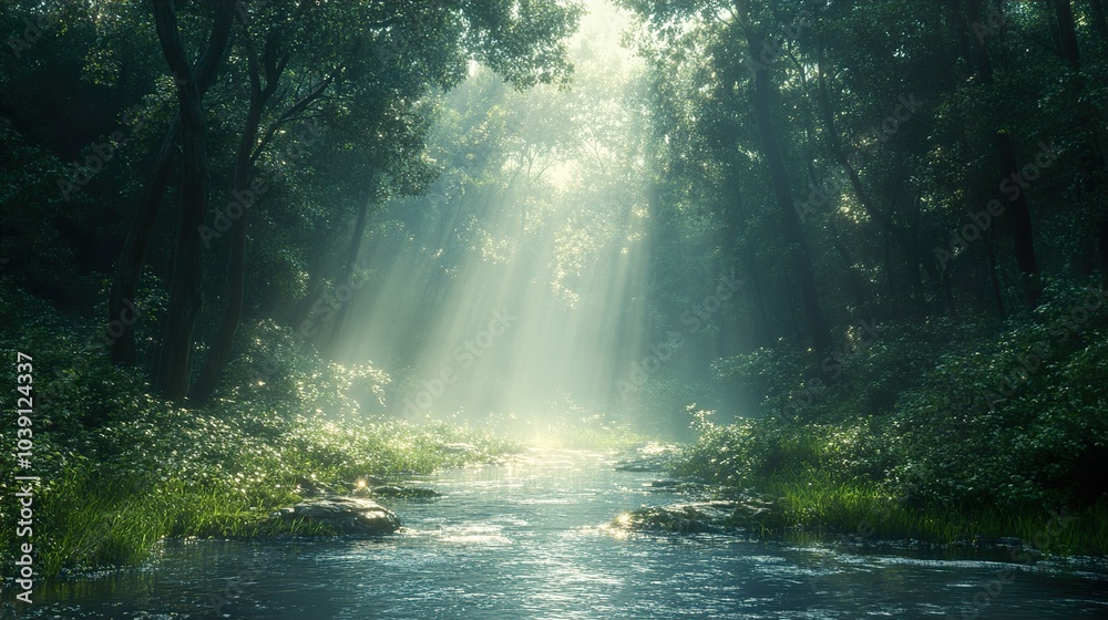 Serene Forest River With Sunlight Streaming Through The Trees Serene Forest River With Sunlight Streaming Through The Trees