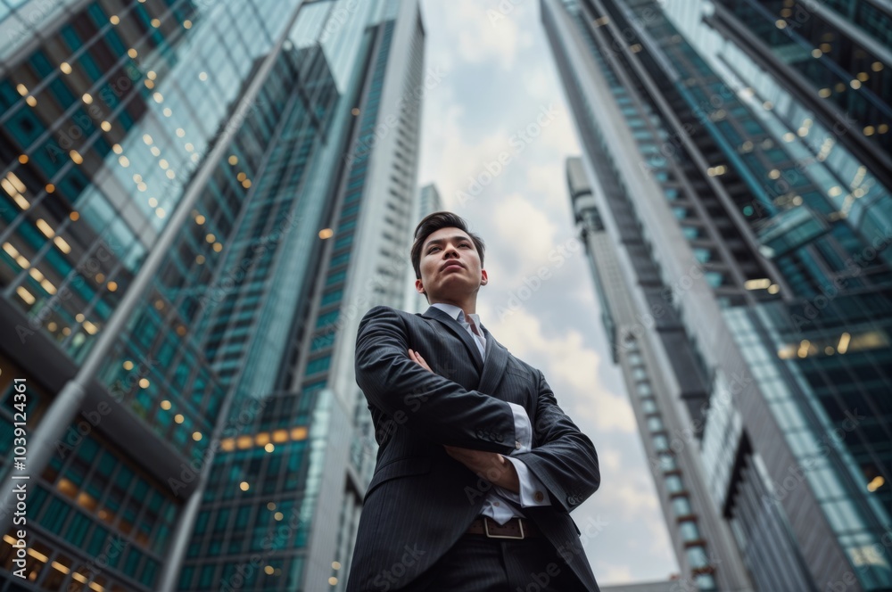 A confident businessman with folded arms, standing powerfully in front of tall skyscrapers, representing leadership, authority, and success in a corporate world.. A confident businessman with folded arms, standing powerfully in front of tall skyscrapers, representing leadership, authority, and success in a corporate world..