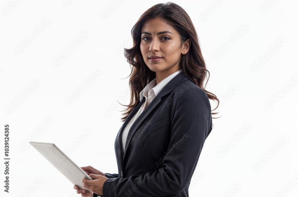 A professional businesswoman in formal attire confidently holding a tablet, isolated on a white background, representing modern business and technology.. A professional businesswoman in formal attire confidently holding a tablet, isolated on a white background, representing modern business and technology..
