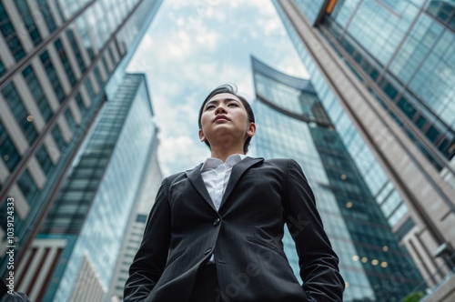 A confident businesswoman in a black suit standing tall in a cityscape surrounded by towering skyscrapers, symbolizing leadership and ambition..