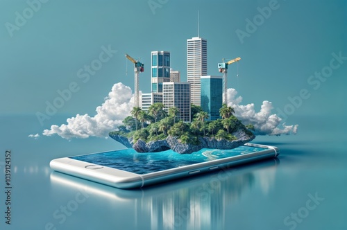 Fototapeta Naklejka Na Ścianę i Meble -  A surreal scene of a futuristic city being constructed on a smartphone, symbolizing digital innovation, technology integration, and smart cities..