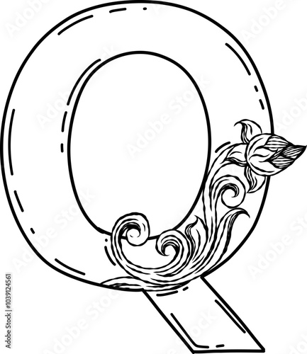 Alphabet Q with Thai art design, flower line thai tradition.