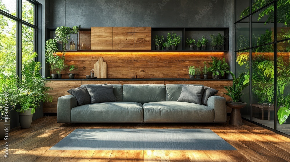 Modern living room with plants and natural light. Modern living room with plants and natural light.