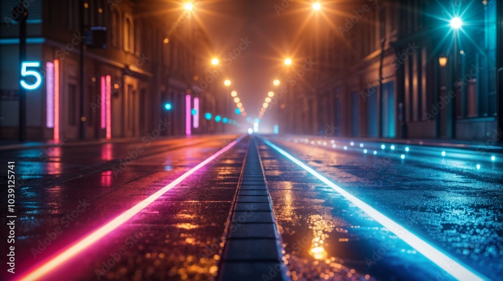 A futuristic city street illuminated with neon lights and glowing tracks, captured at night with no people around.. A futuristic city street illuminated with neon lights and glowing tracks, captured at night with no people around..