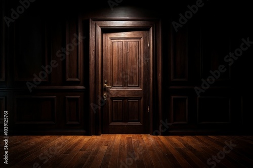 A mysterious dark wooden door illuminated by soft dramatic lighting, evoking feelings of suspense and intrigue..