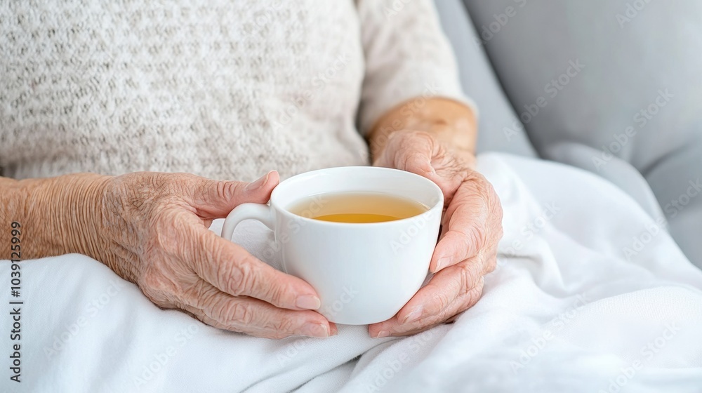 Elderly hands holding a warm cup of tea, wrapped in a cozy blanket, AI Elderly hands holding a warm cup of tea, wrapped in a cozy blanket, AI