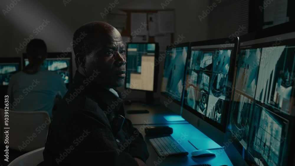 Medium closeup side shot of black male security guard sitting at desk in dark control room, observing CCTV footage of people walking around business premises, watching for abnormal behaviour Medium closeup side shot of black male security guard sitting at desk in dark control room, observing CCTV footage of people walking around business premises, watching for abnormal behaviour