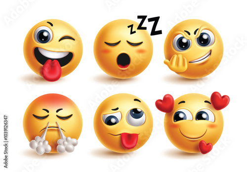 Emoji cute characters vector set. Emoticon face character in silly, naughty, sleepy, arrogant, mad and in love facial expressions for 3d graphic icon collection. Vector illustration emojis set 