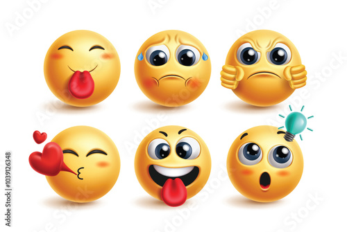 Emoji cute emoticon characters vector set. Emoticons face character in charming, lovely, worried, arrogant, flying kiss and clever facial expressions for 3d graphic icon collection. Vector 