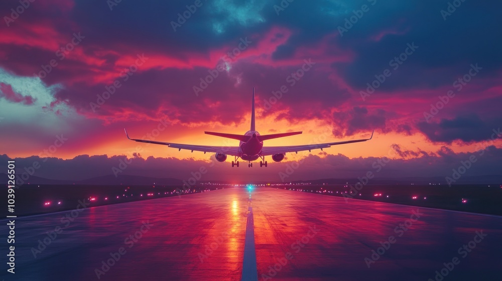 Airplane landing on runway at sunset with dramatic clouds and colorful sky. Airplane landing on runway at sunset with dramatic clouds and colorful sky.