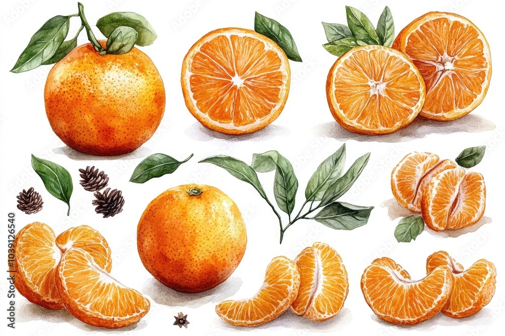 Obraz premium Watercolor painting of oranges and tangerines. Perfect for illustrating recipes, healthy eating, or citrus fruit themes.