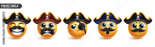 Pirate emoji character vector set. Emojis 3d characters in pirate, captain and sailor profession yellow round icon elements wearing patch and hat costume collection. Vector illustration seafarer 