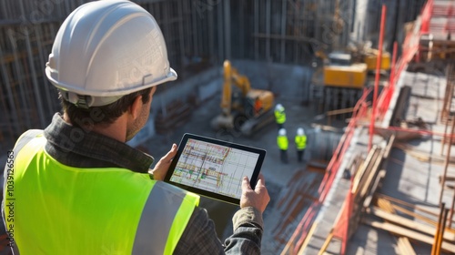 A site engineer in a reflective vest and hard hat, holding a digital level and standing in front of construction equipment, Construction site scene photo