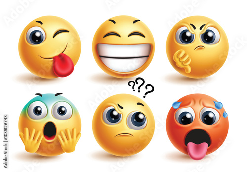 Emojis emoticon set vector. Emoticons emoji characters in happy, funny, angry, disappointed, shocked and asking facial expression in white background. Vector illustration yellow and red round emoticon