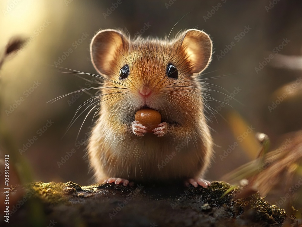 Cute Mouse Holding a Nut in the Forest Cute Mouse Holding a Nut in the Forest