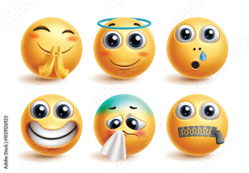 Emoji characters emoticon vector set. Emojis clapping, angel, excited, quiet, cough and cold facial expression for 3d icon collection. Vector illustration emoticon graphic elements. 
