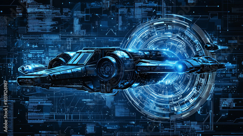Futuristic spaceship with a glowing engine traveling through a digital space, surrounded by sci-fi interface elements
