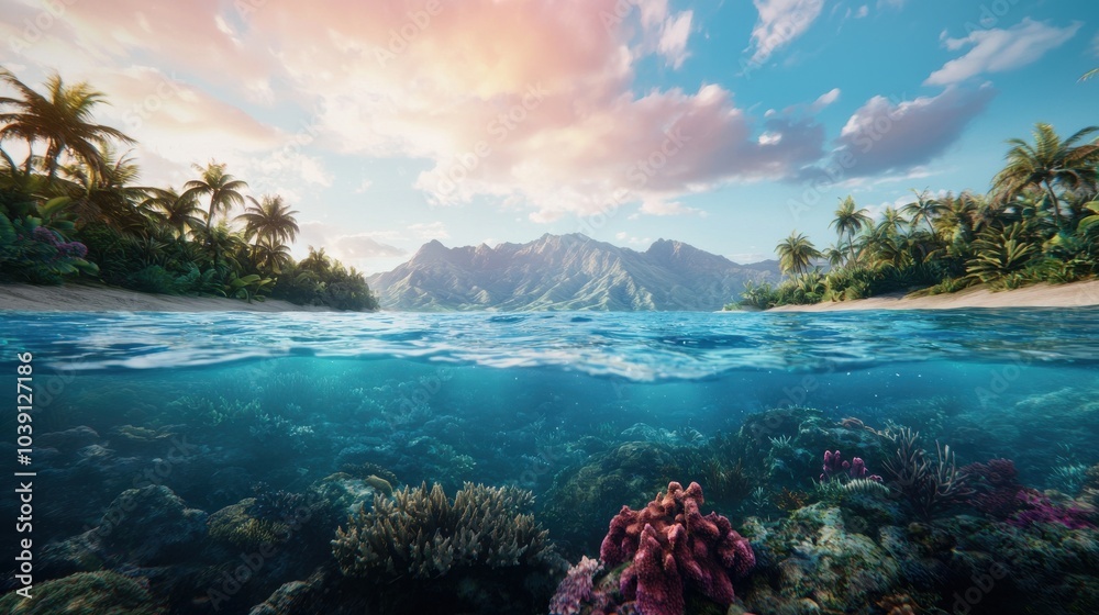 A beautiful ocean scene with a mountain in the background A beautiful ocean scene with a mountain in the background