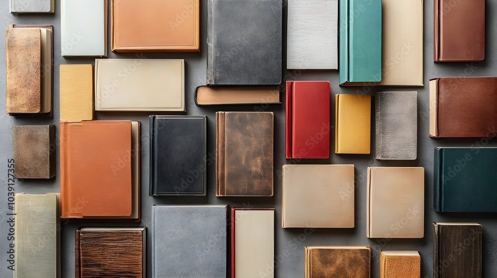 Fototapeta premium Overhead view of a stack of hardcover books with varied cover designs and textures, creating a detailed and beautiful background with a literary vibe
