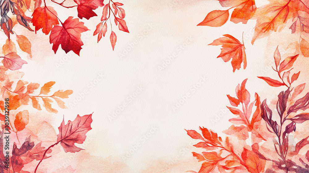 A festive watercolor frame with autumn leaves in rich reds and oranges A festive watercolor frame with autumn leaves in rich reds and oranges