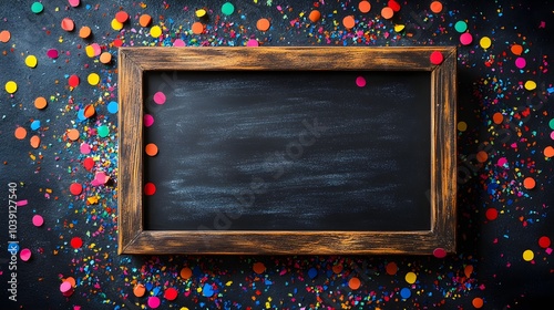 Slate board framed by colorful confetti on a dark minimalist background, ample space for custom text, festive and versatile layout