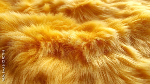 Close-up of soft, fluffy yellow fur texture. Cozy and bright texture image, perfect for backgrounds, fashion design and soft textile concepts. Creates a homey atmosphere.  photo