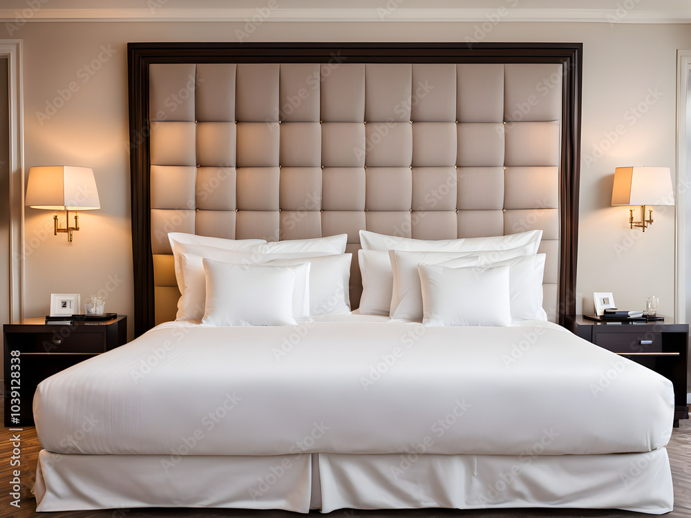 Bed with large headboard in a luxury hotel