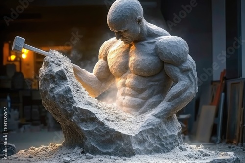 Personal mastery: human sculpture emerging from stone, illustrating journey of self creation through dedication, effort, emphasizing transformative power of shaping one own identity. photo