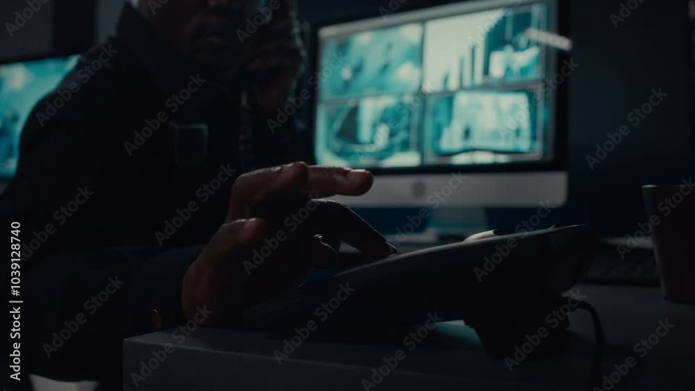 Close-up shot of landline phone on desk in control room of shopping or business centre, and hand of male security guard picking up receiver and calling colleagues to report abnormal customer behavior Close-up shot of landline phone on desk in control room of shopping or business centre, and hand of male security guard picking up receiver and calling colleagues to report abnormal customer behavior