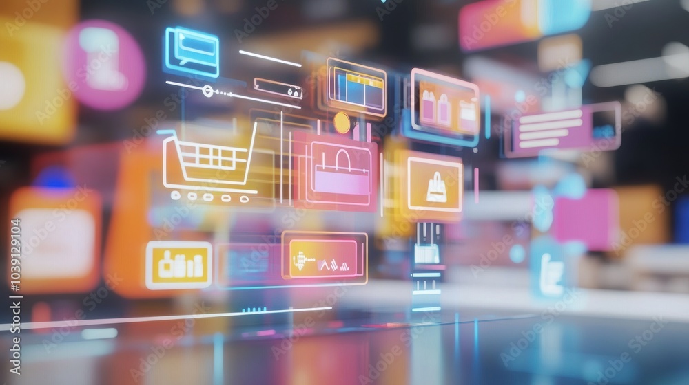 Abstract digital background with glowing icons representing online shopping, e-commerce, and digital marketing. Abstract digital background with glowing icons representing online shopping, e-commerce, and digital marketing.