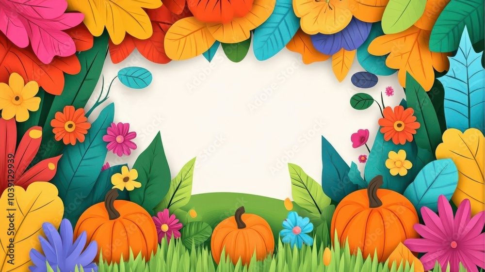 Fototapeta premium Enchanted garden in autumn with pumpkins and flowers flat design top view whimsical theme cartoon drawing.