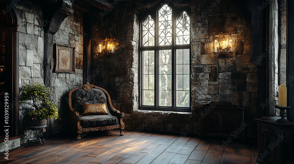 A plush armchair sits by a large arched window in a stone room. A plush armchair sits by a large arched window in a stone room.