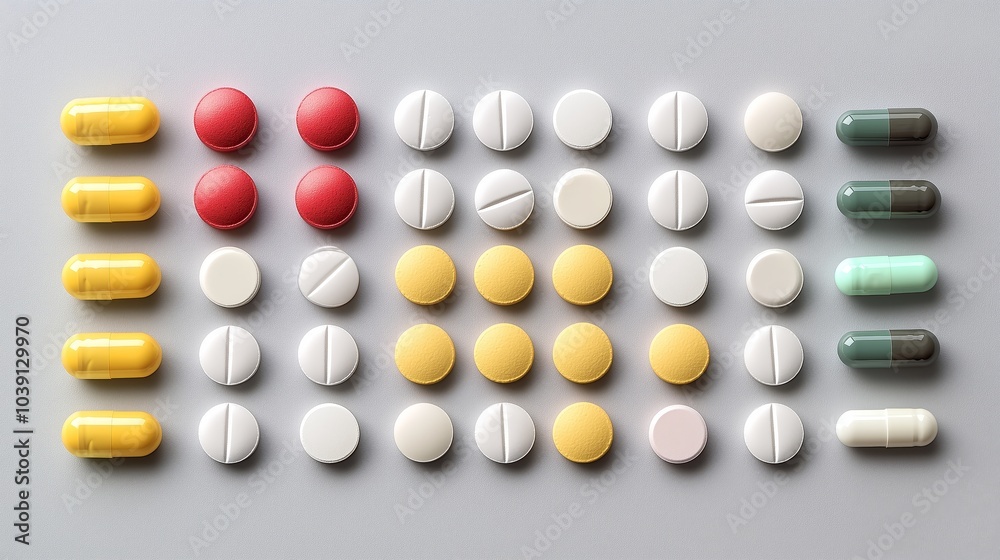 Neatly Arranged Pills in Rows on a Surface Neatly Arranged Pills in Rows on a Surface
