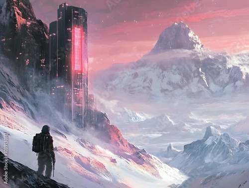 Futuristic Sci Fi Landscape with Towering Structures and Snowy Mountains photo