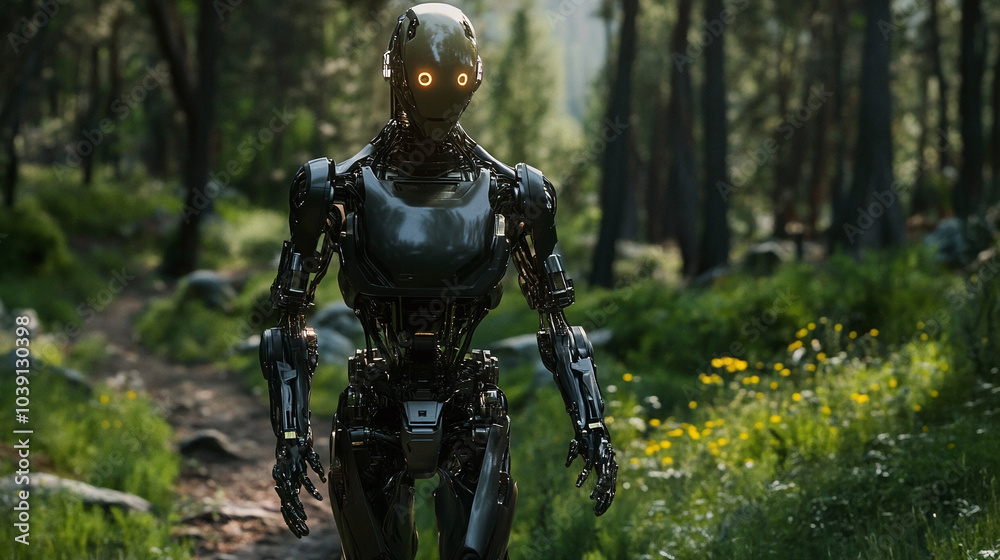 Cyborg taking a stroll in a nature reserve Cyborg taking a stroll in a nature reserve