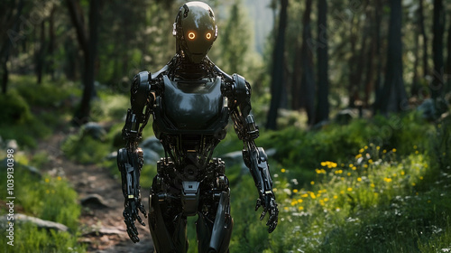 Cyborg taking a stroll in a nature reserve