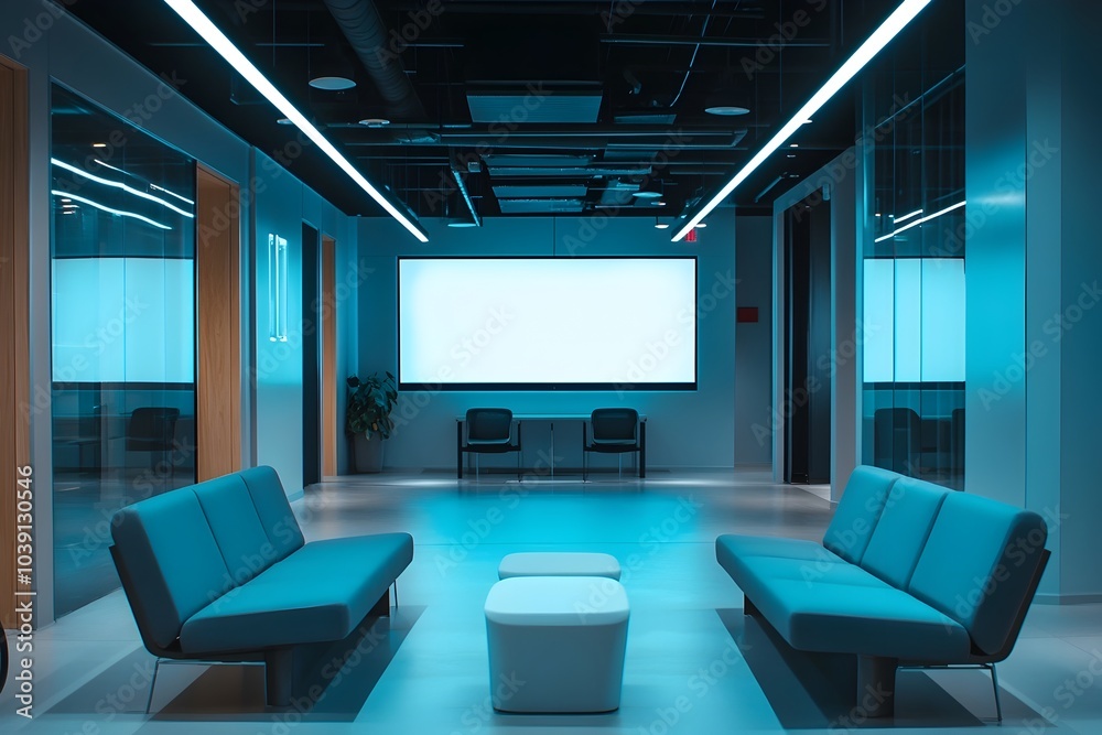 Sleek Cyan Waiting Area in a Modern Tech Incubator with Minimalist Furnishings and Futuristic Atmosphere
