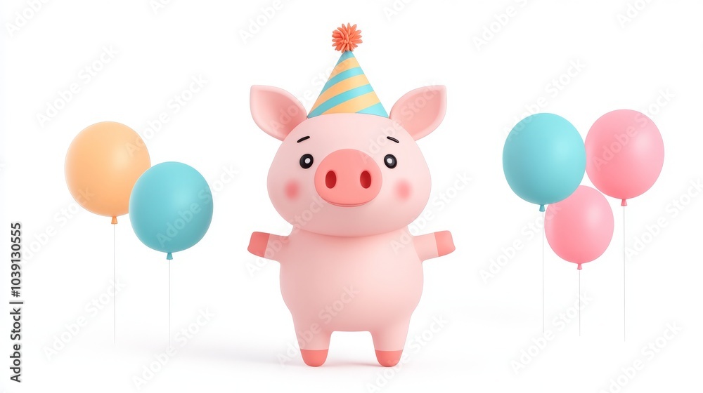 A cute cartoon pig wearing a party hat with colorful balloons. A cute cartoon pig wearing a party hat with colorful balloons.