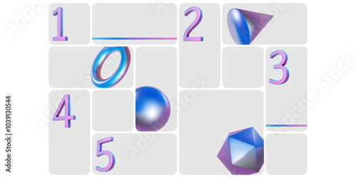 Dashboard grid template. 3d metal sphere ball render, hologram cube prism, blue ring. Photo frame montage layout line design. y2k shape curved square, mosaic bricks, modular data presentation panel.